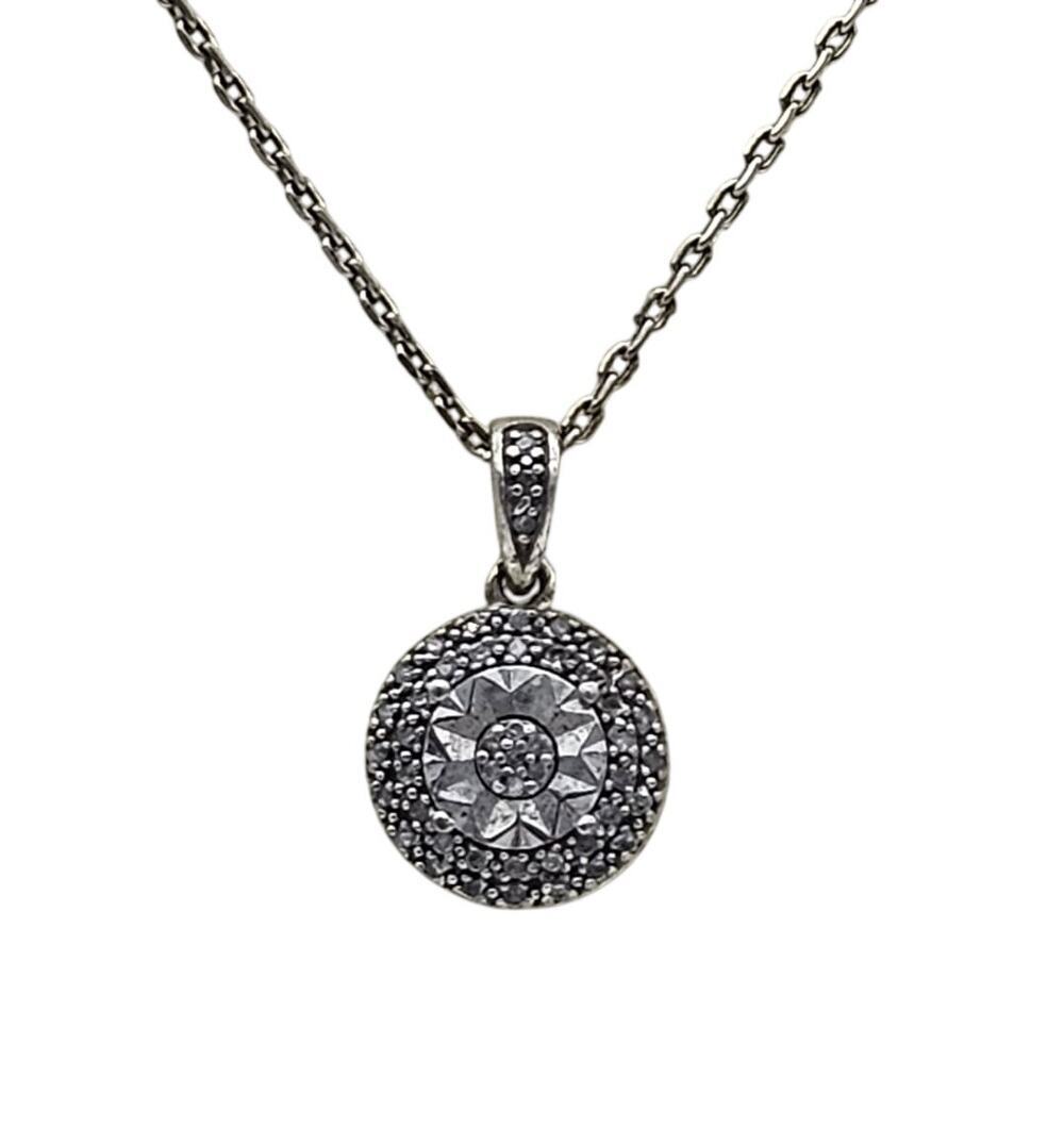 Sterling Silver Round Diamond Pave Pendant Necklace